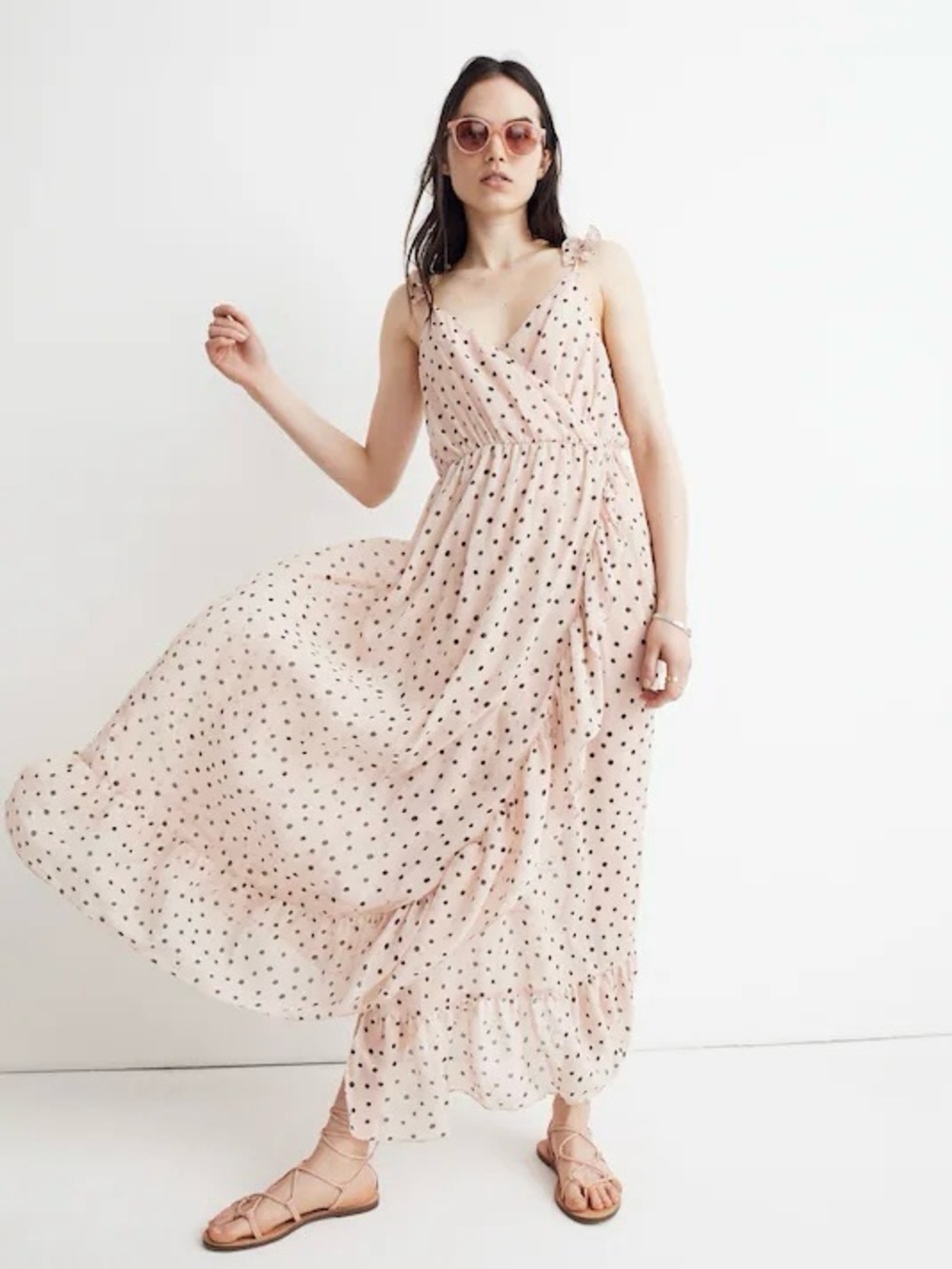 Madewell Dress Ruffle-Strap Faux Wrap Maxi in Inkspot Dots Polka Dot Pink Sz 8